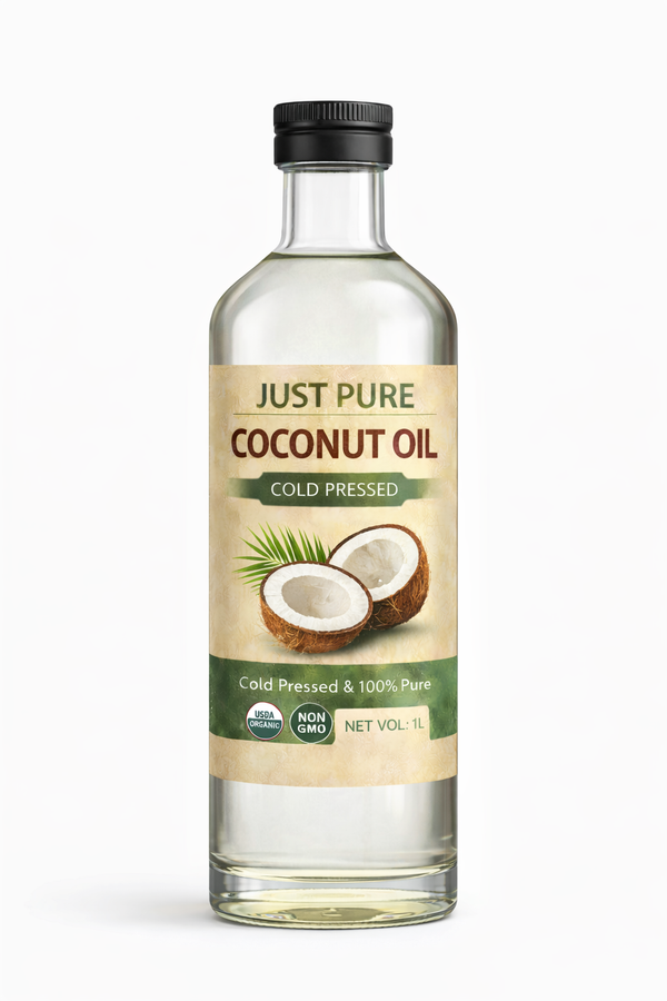 Just Pure Cold Pressed Coconut Oil bottle with natural coconut illustration on the label, displayed on a white background
