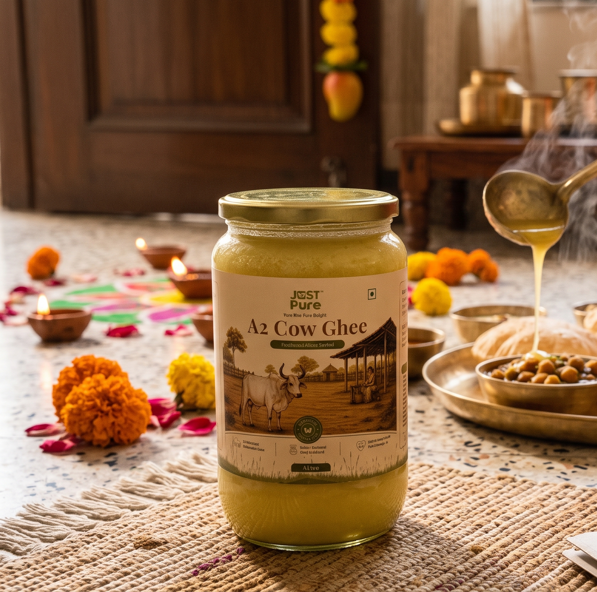 Just Pure A2 Cow Ghee with festive decorations
