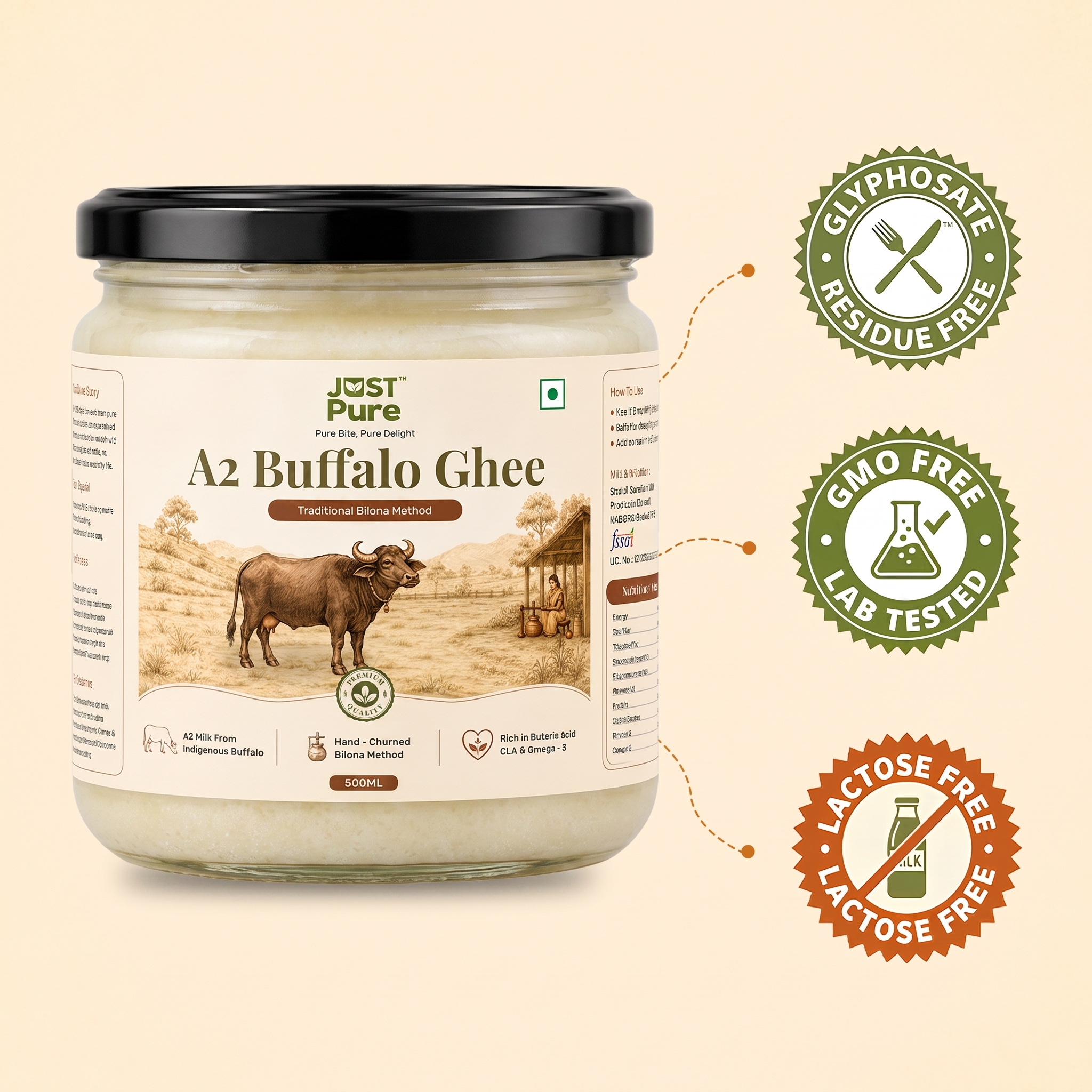 A2 Buffalo Bilona Ghee 500ml, lab tested and lactose free