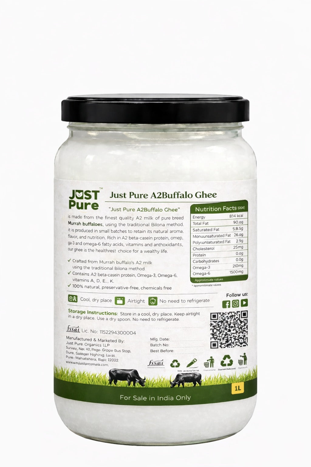 Container of Just Pure A2 Buffalo Ghee with label 
