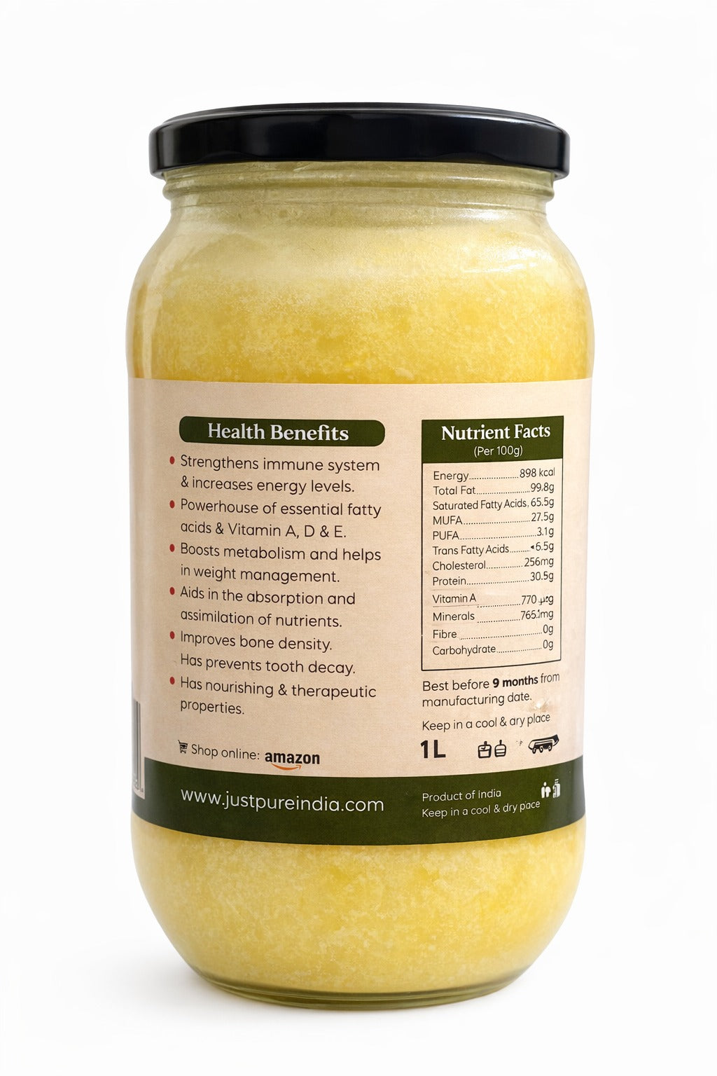 Just Pure A2 Bilona Ghee made from desi cow milk in a glass jar