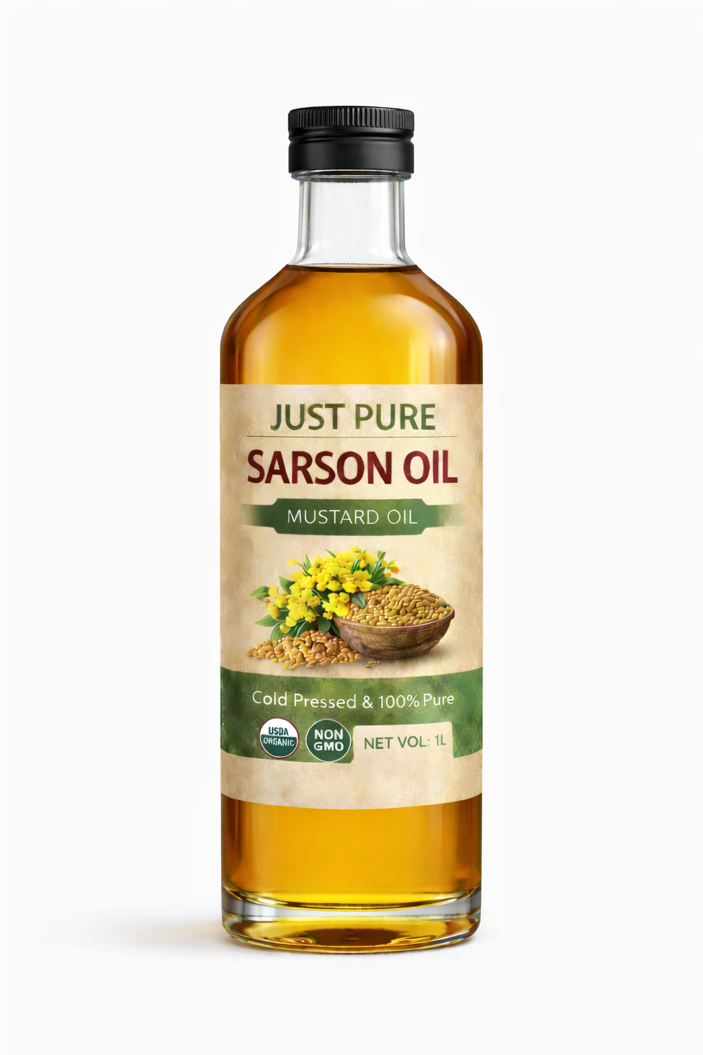 Just Pure Cold Pressed Sarson Oil in a glass bottle, made from natural mustard seeds, unrefined and chemical-free.