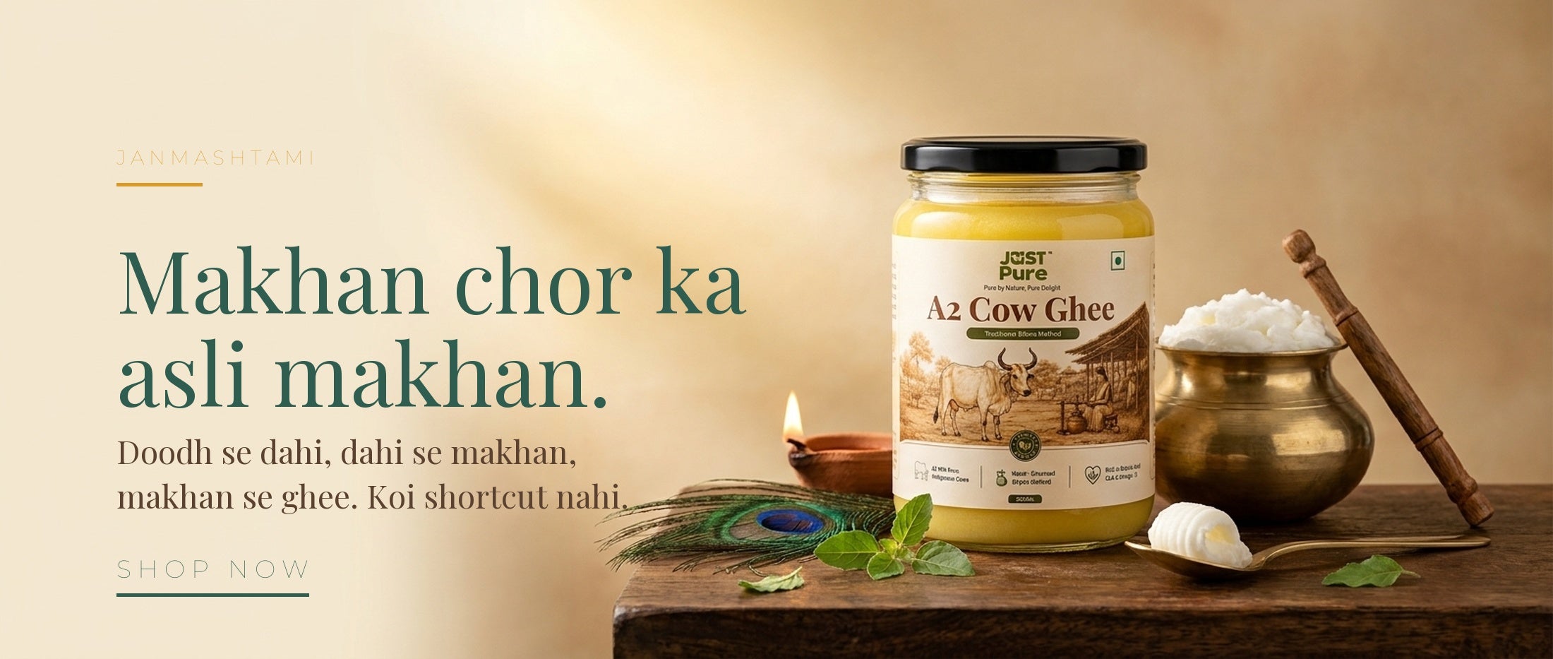 Just Pure Janmashtami - A2 Cow Bilona Ghee with makhan, diya and peacock feather