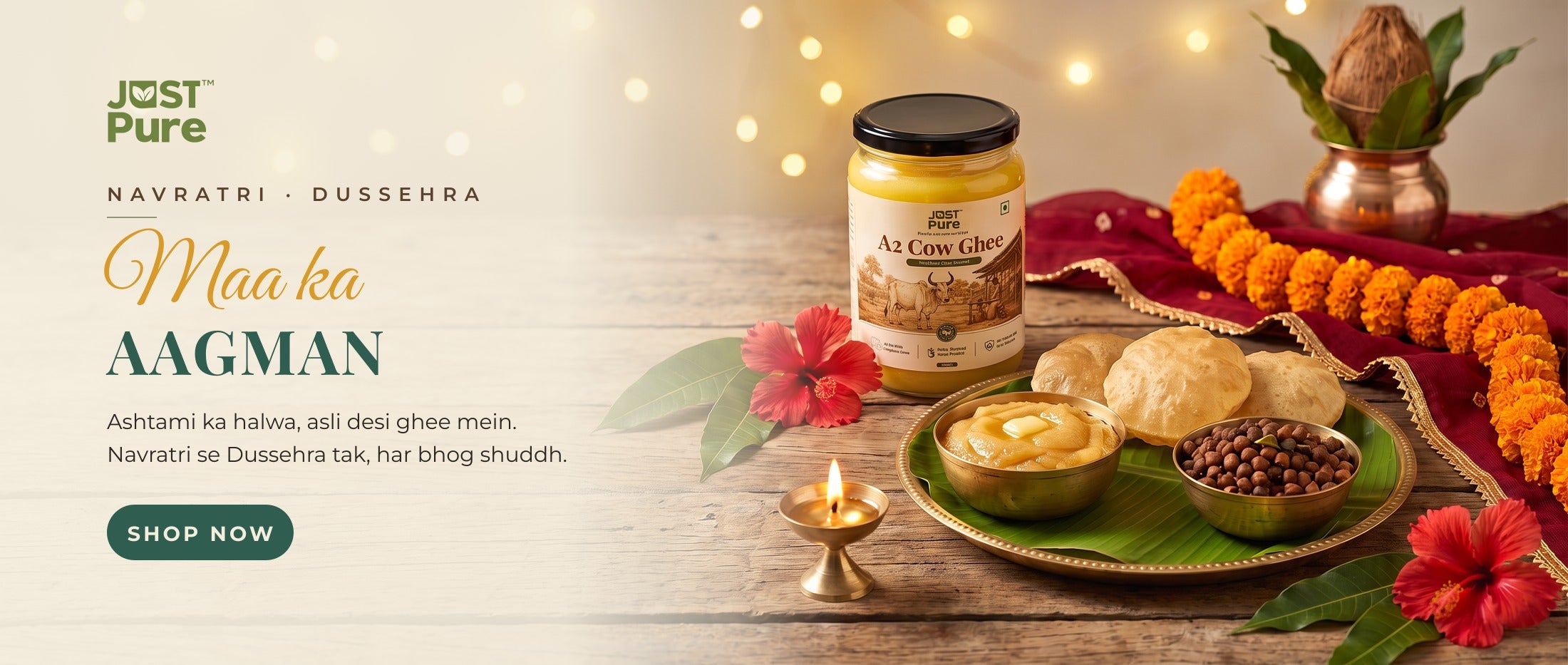 Just Pure Navratri and Dussehra: A2 Cow Ghee beside an Ashtami thali of halwa, puri and chana